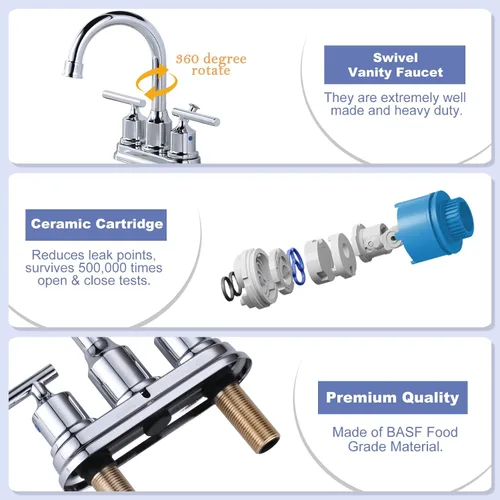 Miniatura 2 de WOWOW Grifo de baño cromado de 3 agujeros, grifo de lavabo de baño de 2 manijas, juego central de grifo de tocador de 4 pulgadas, grifo de agua