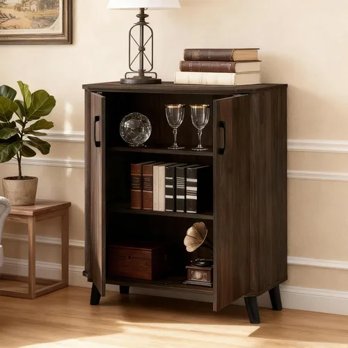 Miniatura 5 de LuxenHome - Armario buffet con almacenamiento, gabinete moderno de mediados de siglo con borde curvo, gabinete de café de nogal, pequeño armario