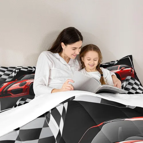 Miniatura 2 de Juego de edredón de auto de carreras rojo, tamaño individual, juego de ropa de cama de celosía negro y blanco de 2 piezas para decoración de A-car 01