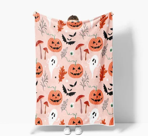 Miniatura 3 de JAWO Manta de Halloween con diseño de fantasma de calabaza rosa, cálida y cómoda, divertida manta de franela de hongos, sala de estar, decoración