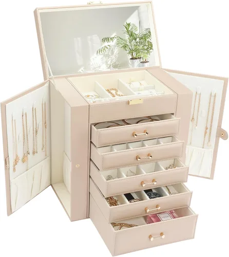 Caja de almacenamiento de joyas, organizador de joyas con 22 ganchos para collares, caja de joyería grande para anillos, pulseras, collares, aretes