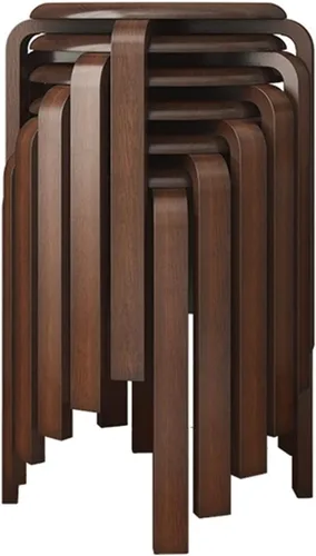 Miniatura 9 de Juego de 6 taburetes apilables de madera curvada, modernos taburetes de bar curvos con almohadillas anslizantes, redondos de madera para cocina