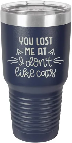Miniatura 17 de Taza de viaje de acero inoxidable grabada con pajita y tapa superior deslizante, con texto en inglés "You LOST ME AT I DON'T LIKE CATS" Púrpura claro