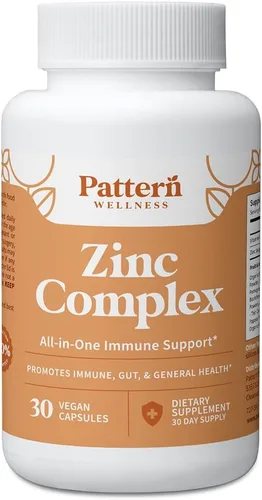 Pattern Wellness Complejo de zinc: apoya la salud inmunológica, de la piel y la digestiva, zinc de alta absorción con vitamina C, probióticos y