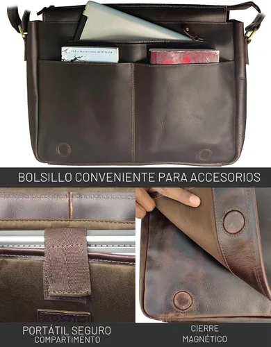 Miniatura 5 de Bolso de mensajero de cuero para hombre, 16 pulgadas, de grano completo, para laptop, vintage, cruzado, oficina, bolso de viaje Marrón oscuro