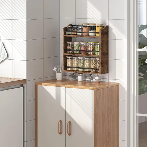 Miniatura 7 de Estante de especias montado en la pared, estante de especias de madera de 3 niveles para encimera, organizador vertical de especias para tarros