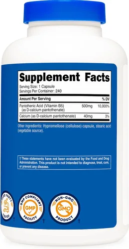 Miniatura 6 de Nutricost Ácido pantoténico (vitamina B5) 500 mg, 240 cápsulas (2 botellas)