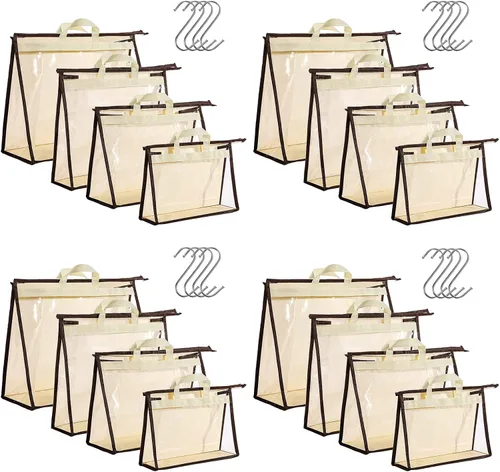 Paquete de 16 organizadores transparentes de almacenamiento para bolsos con 16 ganchos en S de acero inoxidable, 4 tamaños surtidos, bolsas de