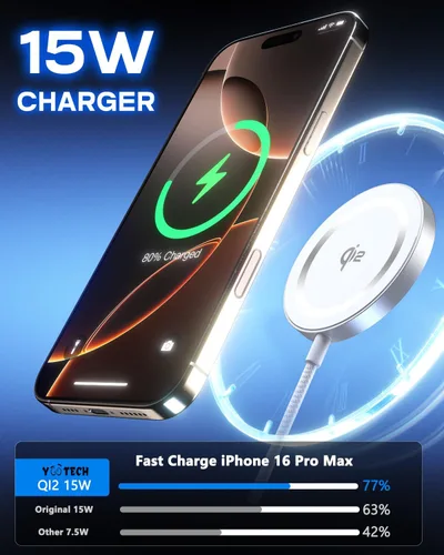 Miniatura 2 de Yootech Cargador Mag-Safe, almohadilla de carga inalámbrica súper rápida certificada Qi2, carga magnética real de 15 W, compatible con iPhone 17/17