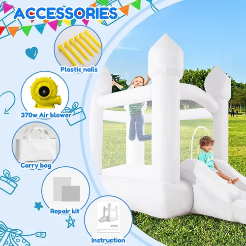 Miniatura 3 de Casa de rebote blanca, casa inflable con tobogán y soplador, castillo animoso blanco para niños en interiores y exteriores, regalos ideales