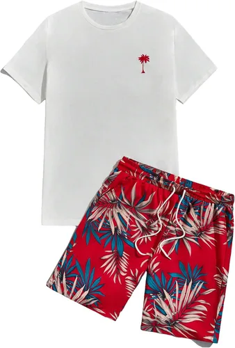 Miniatura 20 de GORGLITTER Conjunto de 2 piezas de camiseta gráfica de manga corta para hombre, estampado hawaiano con cordón y pantalones cortos