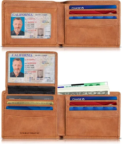 Miniatura 7 de SERMAN BRANDS Billetera de piel con 2 ventanas de identificación para hombre, con bloqueo RFID, doble tapa superior, billetera de viaje de capacidad
