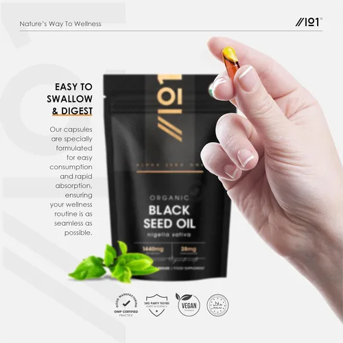 Miniatura 5 de ALPHA01 Cápsulas de aceite de semilla negra orgánica 1440 mg - 4 x % timoquenina - 60 unidades - Nigella sativa etíope - 100% prensado en frío