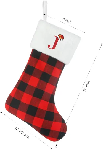 Miniatura 5 de Senneny - Medias de Navidad con iniciales, 20" grandes rojas y negras a cuadros de búfalo, monograma, medias de Navidad con puño de felpa blanca