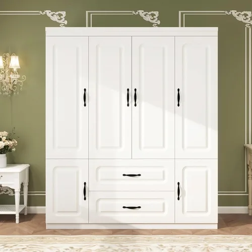 Armario Armario Armario: Armario grande de madera blanca para dormitorio, armario de madera con 4 puertas, 2 cajones, armario alto con estantes y 2