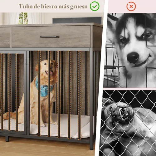 Miniatura 7 de HOSTACK Mueble doble para perros, perrera de 71 pulgadas de ancho para interiores con 3 cajones, jaula de granja para perros para 2 perros Gris
