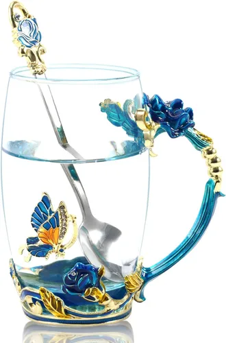 Taza de té de 330 mL, de vidrio y esmalte, taza de café de vidrio con rosas hechas a mano, regalo para el día del padre, día de la madre, día de San