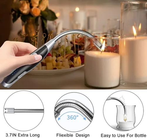 Miniatura 2 de AT-Mizhi Encendedor eléctrico - Encendedor de cuello largo recargable con linterna LED para velas, camping y barbacoa