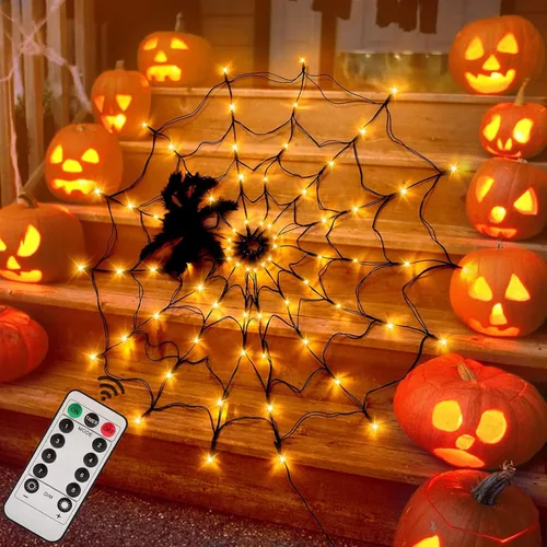 Miniatura 8 de LCHUANG Decoraciones de Halloween con luces de telaraña – 2 piezas de telaraña iluminadas, 4 pies de diámetro, 70 LED con araña negra, impermeable