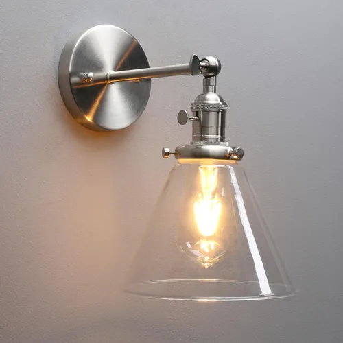 Miniatura 9 de 1 lámpara de pared vintage nostálgica con embudo de vidrio acampanado, pantalla de vidrio transparente, bombilla de filamento Edison incluida
