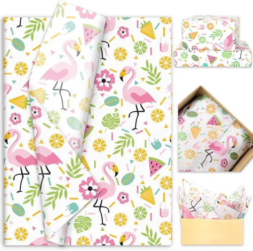 JarThenaAMCS 100 hojas de papel de seda hawaiano, papel de regalo tropical, hojas de palma, flamenco, papel decorativo para manualidades, verano,