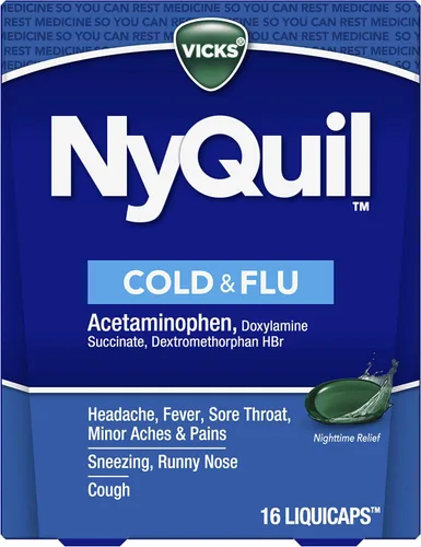Miniatura 6 de Vicks NyQuil - Medicina de venta libre para el resfriado y la gripe, potente alivio nocturno multisíntoma para dolor de cabeza, fiebre, dolor