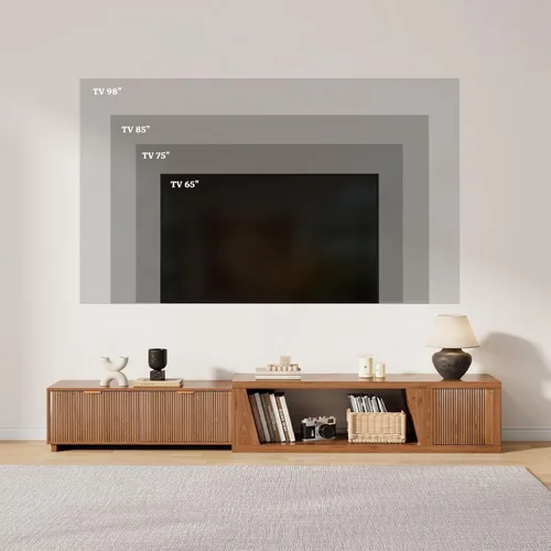 Miniatura 3 de Epecoya Soportes de TV extensibles de 98 pulgadas para sala de estar, soporte de TV extralargo de madera con estante y cajones ajustables, consola