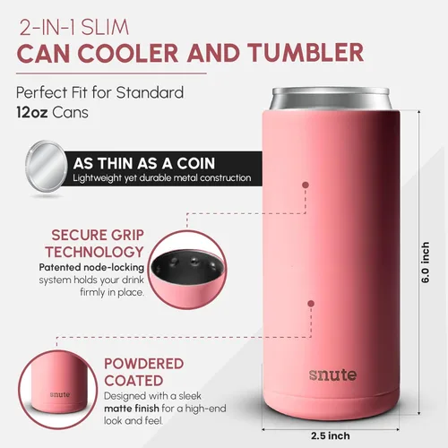 Miniatura 4 de Enfriador de latas para cerveza, refrescos, agua con gas, acero inoxidable aislado al vacío para latas de 12 onzas (rosa, delgado)
