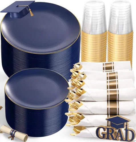 Miniatura 25 de KIRE - 30 platos de plástico azul con borde dorado y cubiertos desechables, vasos azules y servilletas de mano, vajilla de plástico azul Rosa claro