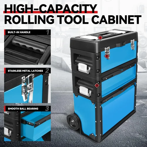 Miniatura 2 de Auto Dynasty Caja de herramientas apilable de 3 niveles, caja de herramientas rodante 3 en 1 de 19.5 pulgadas con ruedas, organizador de caja