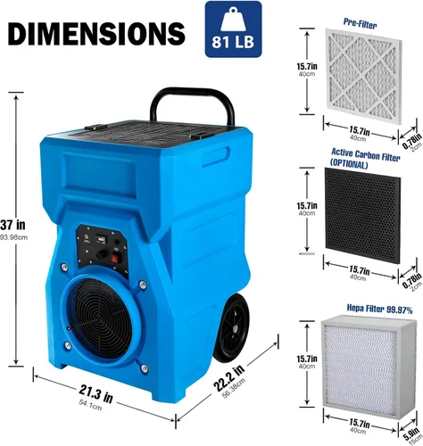 Miniatura 8 de MOUNTO Purificador de aire industrial portátil de 1000 cfm, depurador de aire negativo, potente motor de 1HP, filtro HEPA verdadero, 2 velocidades