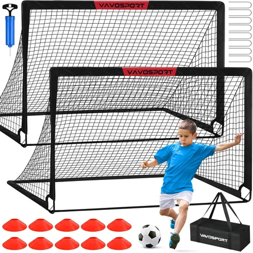 VAVOSPORT Portería de fútbol, 2 porterías de fútbol para niños de 6 x 4 pies para patio trasero, red de fútbol portátil desplegable, equipo de