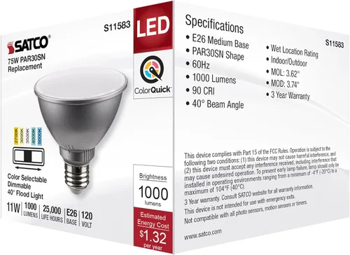 Miniatura 7 de Satco S11583; LED PAR30SN de 11 vatios; base media; acabado plateado; CCT seleccionable; 120 voltios; ángulo de haz de 40 grados