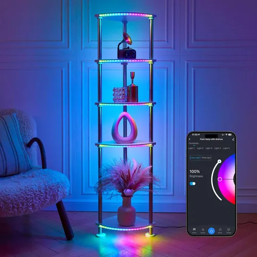 Lámpara de pie con estantes de altura ajustable con sincronización de música LED lámpara de pie con estación de carga regulable y sincronización RGB