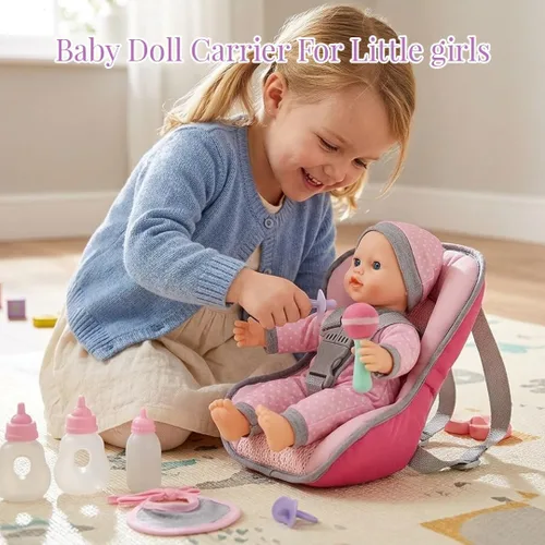 Miniatura 5 de Juego de viaje – Mochila portadora de asiento de coche para muñeca bebé con muñeca de cuerpo suave de 12 pulgadas, botellas y accesorios de juguete