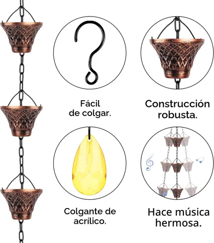 Miniatura 2 de Cadenas de Lluvia Adorafur para Canalones Exteriores de 1.75m Cadena de Atrapache de Lluvia de Cobre con 12 Tazas Decorativas de Reemplazo