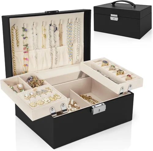 AKOZLIN Joyero de viaje organizador funcional de 2 bandejas de cuero con cerradura portátil para mujeres y niñas, anillo collar, aretes, pulsera,