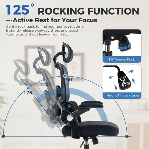 Miniatura 6 de Silla de oficina ergonómica, silla de escritorio de malla con soporte lumbar ajustable 2D, alivia el dolor de espalda durante largos días de trabajo