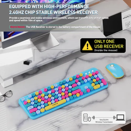 Miniatura 2 de FOPETT - Juego de teclado y mouse inalámbricos de 2.4 GHz con botón de interruptor, teclado de tamaño completo, compatible con V2030 Azul Colorido