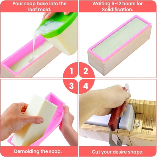 Miniatura 5 de Kit de suministros para hacer jabón de pan de 42 onzas, incluye caja de corte de madera ajustable + pan rectangular con caja de madera, cortador