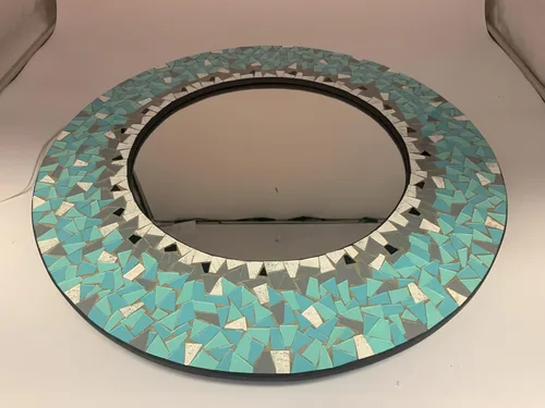 Miniatura 3 de Espejo decorativo hecho a mano con mosaico azul cielo y verde azulado, marco de 24 pulgadas, espejo redondo de 14 pulgadas para pasillo, dormitorio