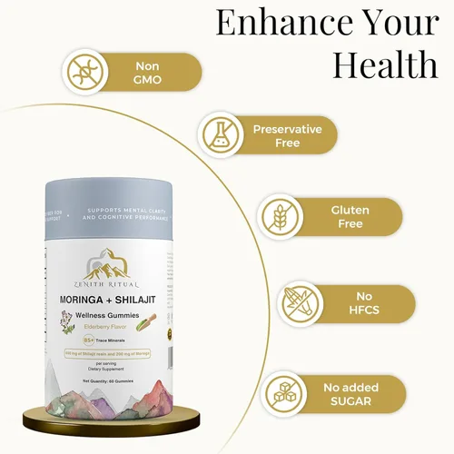 Miniatura 6 de Gomitas Shilajit y Moringa sabor a saúco – Aumenta la energía, la concentración y la vitalidad – 75% ácido fúlvico – 100% vegano, sin gluten, sin