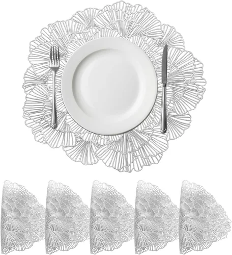 Miniatura 12 de uxcell Juego de 4 manteles individuales redondos de flores rojas para mesas de cena, manteles individuales metálicos de polivinilo prensado