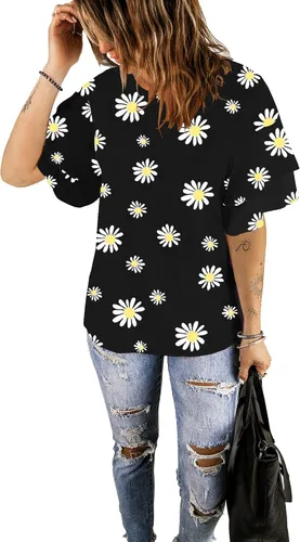 Miniatura 6 de luvamia Blusa estilo informal de mangas 34, acampanada y escalonada, cuello redondo, holgada, para mujer