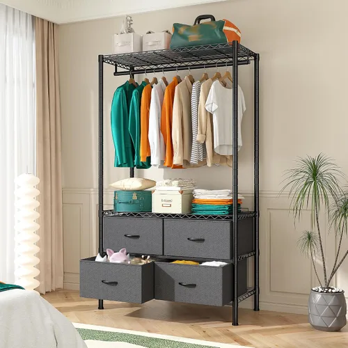 Miniatura 6 de Raybee Perchero con 4 cajones y estantes, perchero resistente para colgar ropa, portátil, resistente y duradero, negro