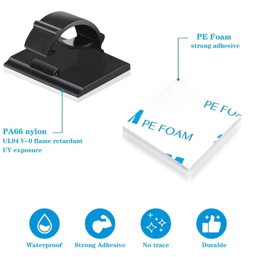 Miniatura 3 de Clips adhesivos para cables de gestión de cables, 50 unidades, color negro, adecuado para cables con un diámetro de ≤ 0.236 in en automóviles, casas