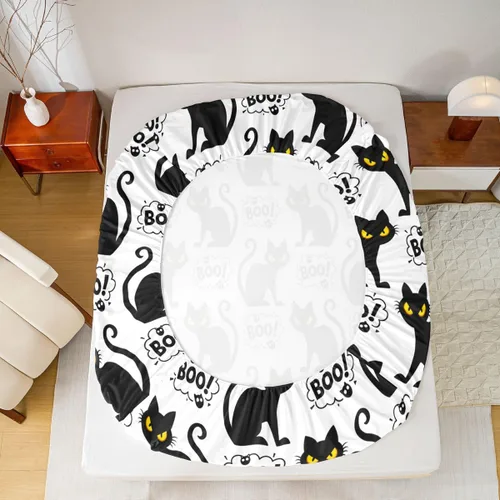 Miniatura 3 de Juego de sábanas bajeras con bonito diseño de gato negro para niños y niñas, diseño de dibujos animados de Halloween, gato, animales, sábanas