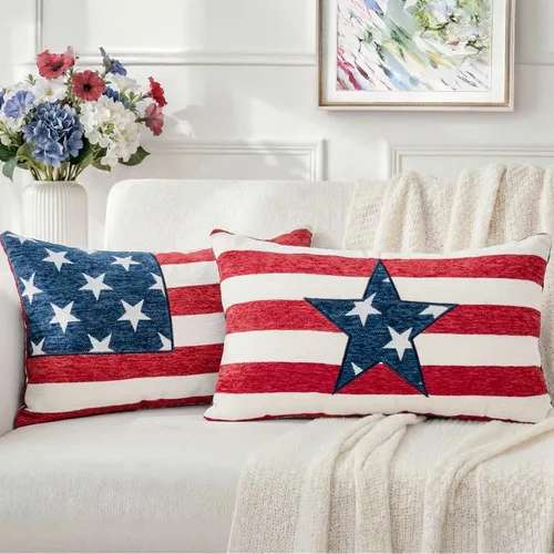 Miniatura 13 de Juego de 2 fundas de almohada patrióticas de felpilla con estrellas geométricas, 18 x 18 pulgadas, decoración americana para el día