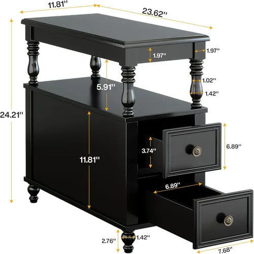 Miniatura 2 de Tribesigns Mesa auxiliar de madera con acabado negro con 2 cajones, mesitas de noche delgadas de madera de mediados de siglo con estante