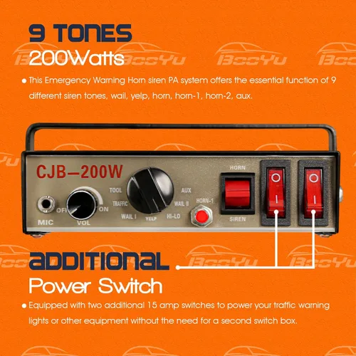 Miniatura 4 de Sistema PA de sirena de advertencia de emergencia de policía de 12 V, 200 W, 9 tonos, micrófono de mano, manos libres, 2 interruptores de 10 A